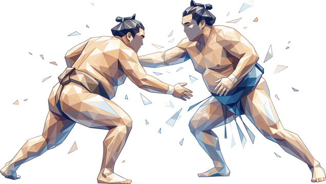 Low Poly Sumo Wrestlers Grappling in Traditional Japanese Wrestling Sports Vector Illustration