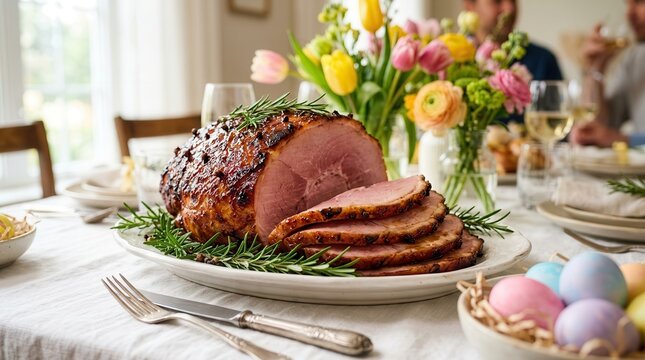 Glazed sliced baked ham with fresh rosemary on a white plate for a festive holiday meal.