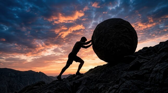 Silhouette of a man pushing a large boulder up a steep hill at sunset for perseverance.