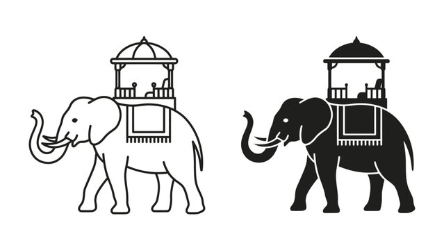 Indian Elephant Procession Icons: Two stylized icons of an Indian elephant adorned with a howdah, one in outline and one in silhouette, depicting a ceremonial procession or transport.