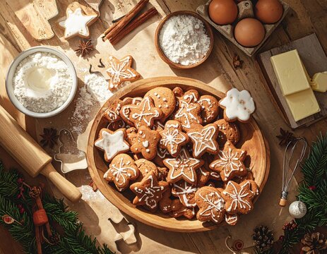Homemade Christmas Gingerbread Cookies with Baking Ingredients on Rustic Wooden Table Flat Lay