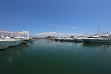 Fototapeta premium Superyachts Docked with Fort Carre in Distance, Antibes