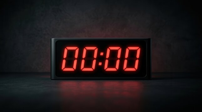 Red digital clock displaying 00:00 midnight on an electronic timer.