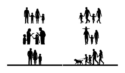 Diverse Family Silhouettes Collection, Parents and Children Walking, Talking, and Playing with Dog, Vector Icons for Lifestyle and Community Graphics