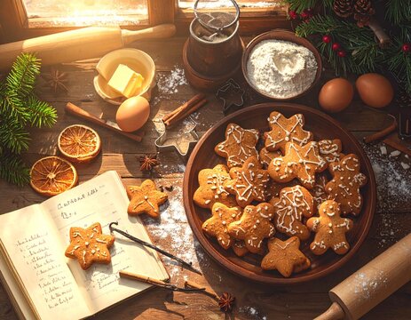 Homemade Christmas Gingerbread Cookies with Baking Ingredients on Rustic Wooden Table Flat Lay