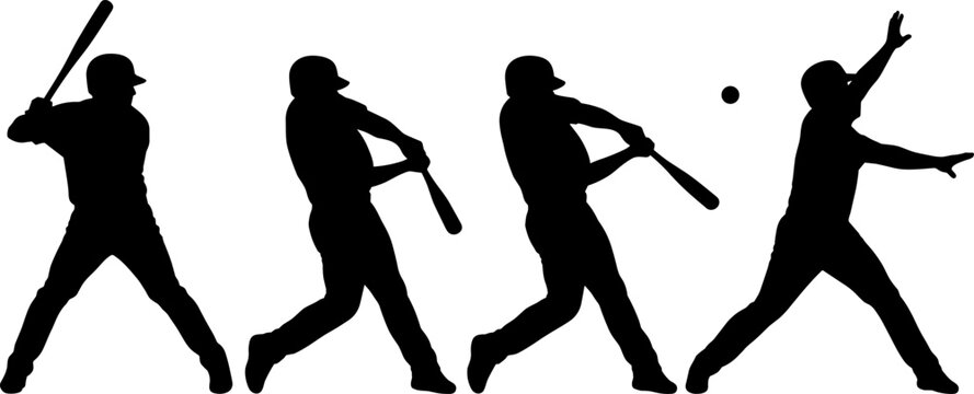 Sequence of black baseball batter silhouettes showing batting swing action isolated on white background