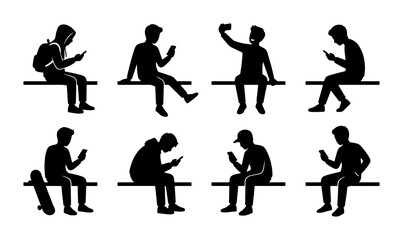 Modern Silhouette Collection: People Using Smartphones, Sitting Poses Vector Set, Casual Lifestyle, Digital Communication Icons © Soniya