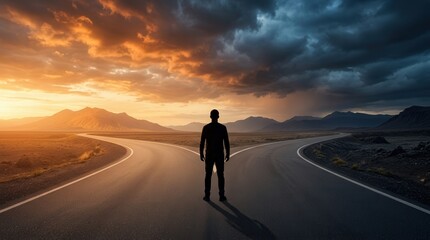 Obraz premium A man standing at a crossroads facing the concept of choices and decision making.