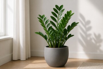 Fototapeta premium Zz plant in gray pot casting shadow on sunlit interior floor