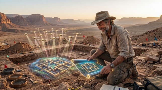 Archeologist using drone swarm for digital 3D mapping of desert excavation site. Man analyzing holographic blueprint of ancient ruins. Innovative technology in field archaeology research.