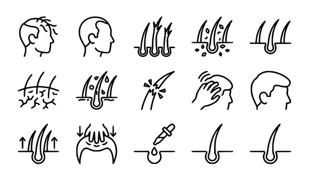 Hair Loss Treatment and Scalp Care Dermatology Line Icon Set with Alopecia Baldness, Dandruff, Split Ends, Serum Dropper, and Follicle Growth Regeneration Symbols