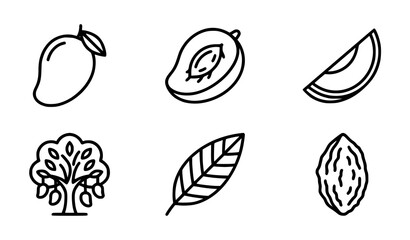Fototapeta premium Mango Fruit Agriculture and Tropical Orchard Harvesting Line Icon Set with Whole Fruit, Sliced Half, Wedge Piece, Tree, Leaf, and Seed Pit Symbols