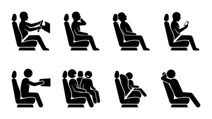 Diverse Human Poses in Car Seats, Vector Icons Set: Driving, Talking, Relaxing, Using Phone, Child Safety, Group Travel, Passenger Comfort