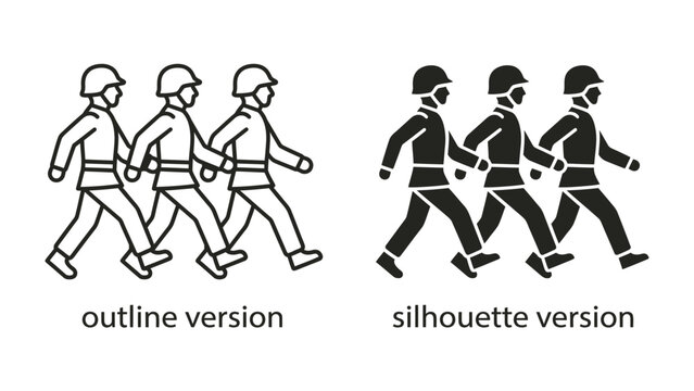 Soldiers Marching: A comparison of outline and silhouette illustrations shows soldiers in uniform marching in formation, embodying discipline and order.