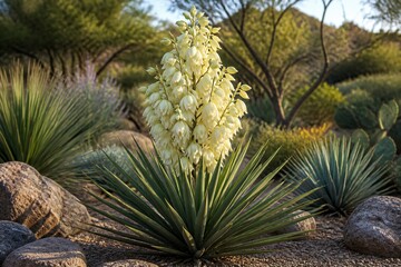 Fototapeta premium Yucca plant flowering among desert agave and rocky terrain