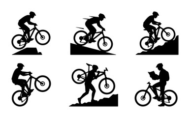 Obraz premium Mountain Biking Silhouette Icons Set, Extreme Sports Rider Action Vector Graphics, Cycling Adventure Lifestyle Collection