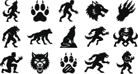 Fototapeta premium Set of werewolf monster and wolf head silhouettes for horror themes or spooky designs.