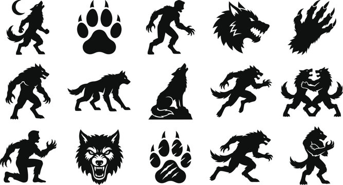 Set of werewolf monster and wolf head silhouettes for horror themes or spooky designs.