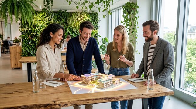 Architect team discussing building model at office. Professional group studying miniature construction project. Creative urban planning and sustainable design development in eco office space.