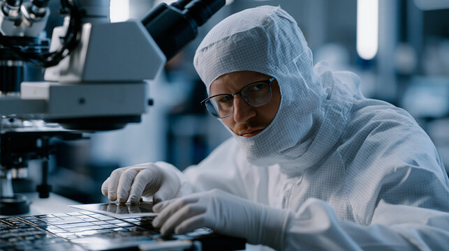 Ethiopian aerospace engineer in full cleanroom bunny suit adjusting silicon wafer alignment under ultraviolet inspection rig, semiconductor fab floor glowing with precision