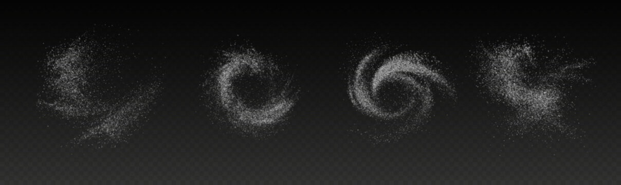 Transparent png of white powder dust clouds set isolated on transparent background. Abstract realistic illustration of fine dry substance particles scattered in dynamic burst overlays for design salt