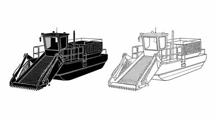 Obraz premium Aquatic Weed Harvester Boat Illustration in Solid and Line Art