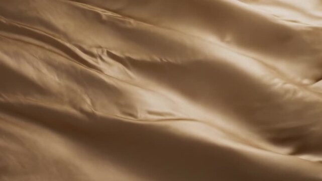 Soft golden satin fabric flowing and rippling, creating elegant folds and gentle curves with a smooth reflective surface, ideal for luxury backgrounds