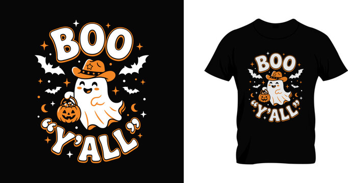 Halloween t shirt design cute ghost cowboy 'boo y'all' graphic for fall apparel and festive clothing