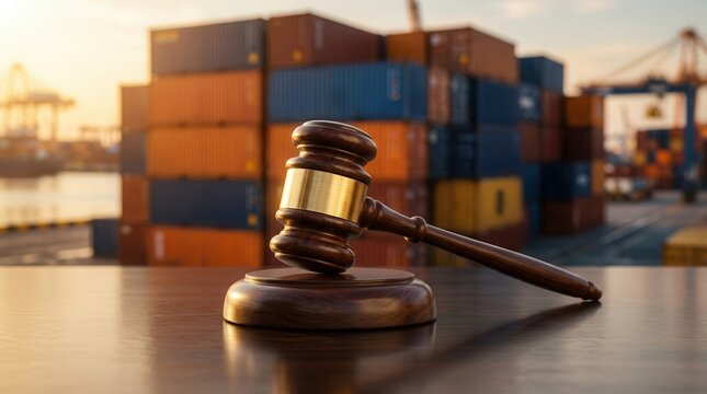 Judge gavel symbolizing legal compliance and international trade law for global logistics.