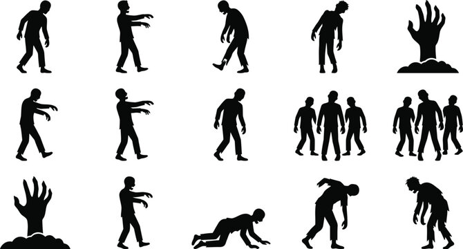 Zombie apocalypse silhouettes, walking dead, monster attack, undead creatures.