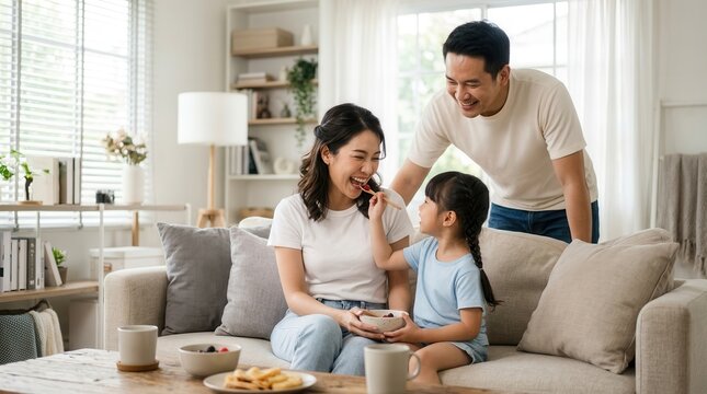 Happy Asian family enjoying quality time together at home.
