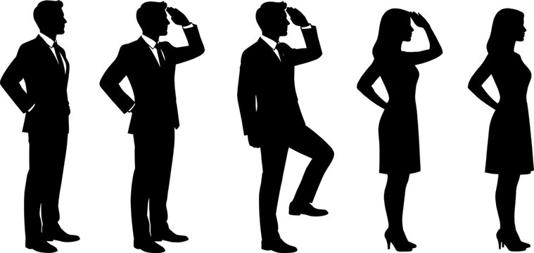 Set of male and female business professional silhouettes looking forward to the future isolated on white
