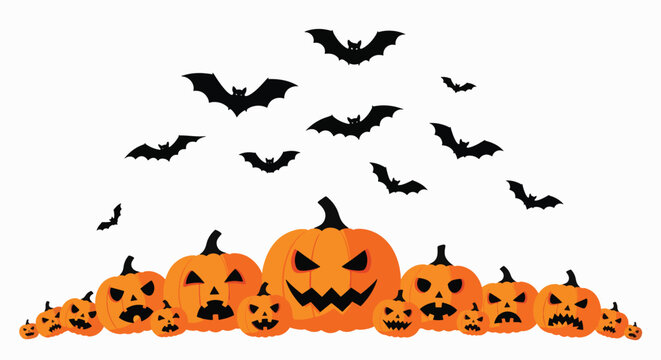 A black cat sits inside a carved pumpkin surrounded by bats and pumpkins