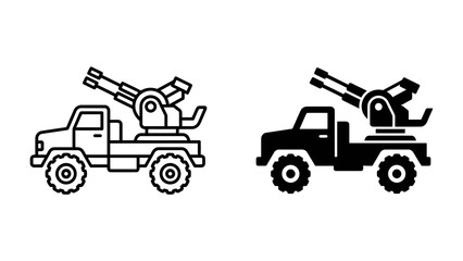 Anti-Aircraft Vehicle Icons: A set of two vector graphic icons depicting an anti-aircraft vehicle, one in line art style and the other in silhouette. © Md