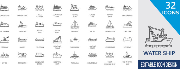 Water ship line icon set for freight transport, shipping, galleon, cargo, container, cruise, vessel navigation, and marine logistics ui. © Nagma
