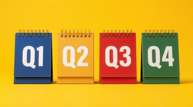 Annual business planning concept showing Q1 Q2 Q3 and Q4 quarterly cycle on desk calendars.