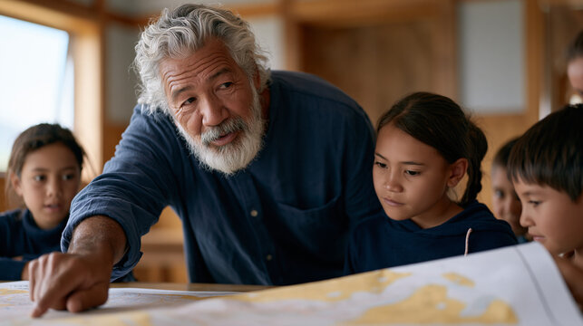 Maori refugee welcome service volunteer teaches a small group of newly arrived families basic transit navigation using a large printed city map spread across a community center