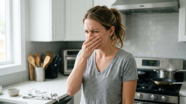 A displeased homemaker feels repulsed by a bad odor in the kitchen.