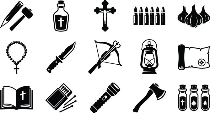 Vampire hunter equipment set featuring wooden stakes holy water crossbow and garlic cloves.