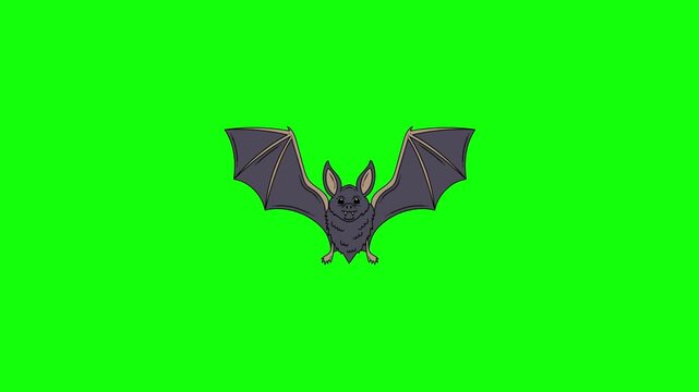 A cute cartoon bat with dark gray body, large ears, sharp little fangs and light brown inner wings flies directly toward the viewer on solid bright lime green background in vibrant vector style.
