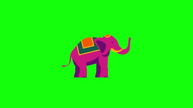 A vibrant pink elephant wearing a decorative green and orange traditional saddle stands centered on solid bright lime green background in clean cartoon vector style.