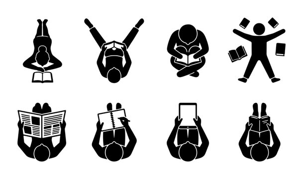 Diverse Reading Poses Vector Icons, Top View Silhouettes of People Enjoying Books and Newspapers, Educational Lifestyle Graphics