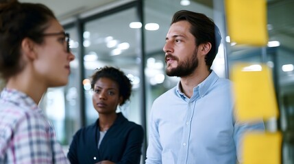 Obraz premium Three professionals engaged in conversation near a wall covered with yellow sticky notes in an open plan office space