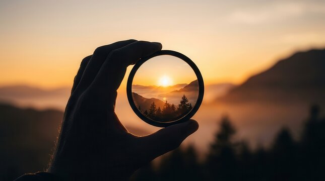A person uses a camera lens filter to practice emotional reframing and see growth.