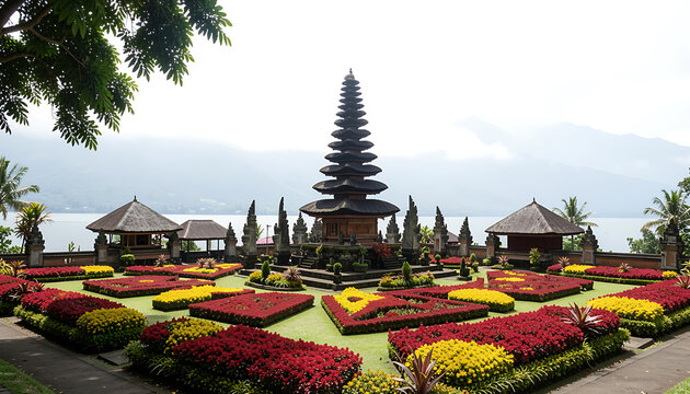 Iconic Balinese temple pagoda with vibrant manicured gardens