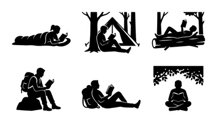 Outdoor Reading Silhouettes: Diverse People Enjoying Books in Nature, Camping, and Forest Scenes, Vector Set