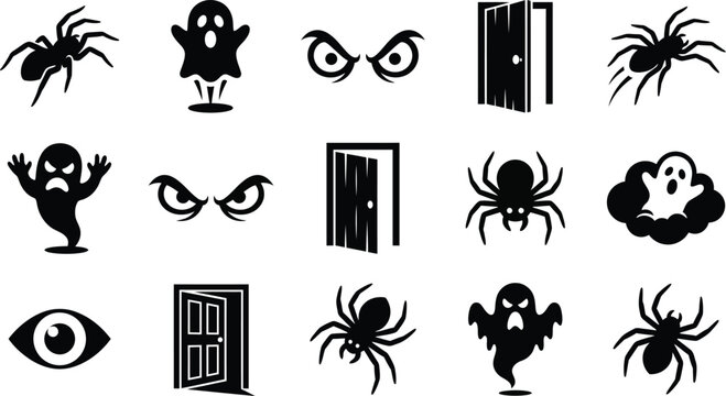 Halloween theme graphic collection with ghosts spirits doors and eyes for dark spooky art.