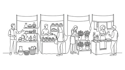 Obraz premium Continuous line drawing of a vibrant street market with vendors and shoppers