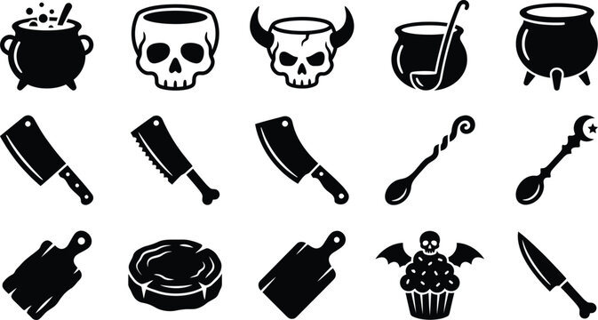 Kitchen tools and halloween food silhouettes with cauldron skull bowl meat cleaver and knife.
