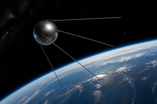 Spherical satellite orbiting above earth with starry space